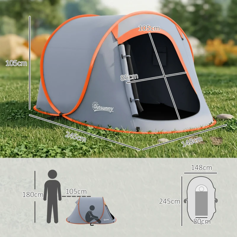 Outsunny Tienda de Campaña Pop-Up para 2-3 Personas Plegable Impermeable de 2000 mm con Bolsa de Transporte 245x148x105 cm Gris