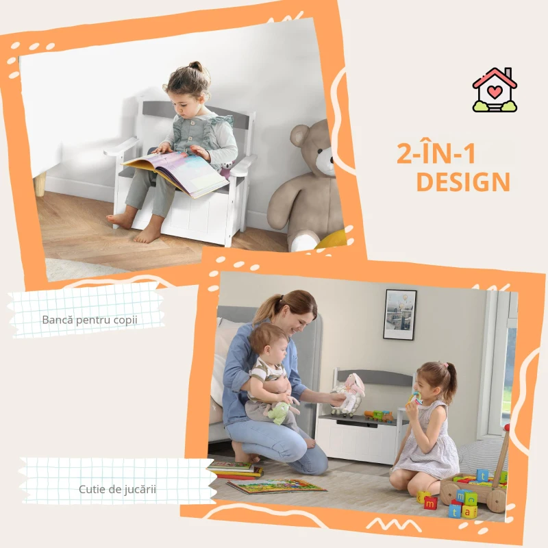 AIYAPLAY Cutie de jucării pentru copii 2 în 1 și banc cu spătar și brațe - piston pneumatic 68,5L x 34l x 58H cm