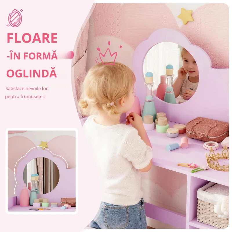 AIYAPLAY Masă de toaletă pentru copii cu scaun și oglindă în formă de floare cu rafturi deschise pentru băieți și fete 3-8 ani Mov