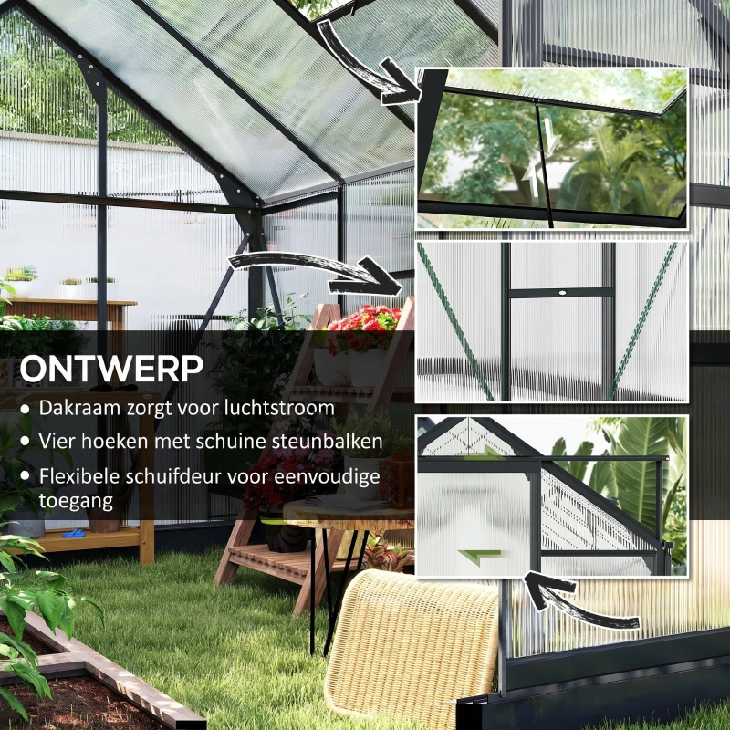 Outsunny Kas, Broeikas, met Dakraam & Schuifdeur, transparant, Polycarbonaat+Aluminium, 190 x 252 x 201 cm
