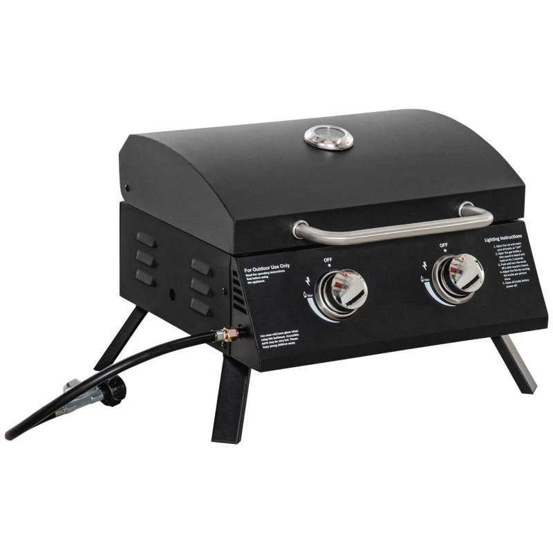Outsunny tafelgrill gasgrill BBQ met 2 branders mobiele grillwagen grillnet klein buitentafel gasgrill picknick met reduceerslang RVS zwart 55 x 46.5 x 41 cm