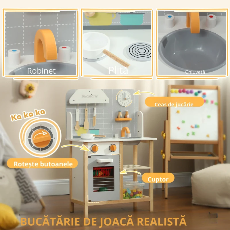 AIYAPLAY Bucătărie de jucărie cu accesorii, plită & cuptor, chiuvetă, ceas, rafturi, pentru 3-6 ani, Gri
