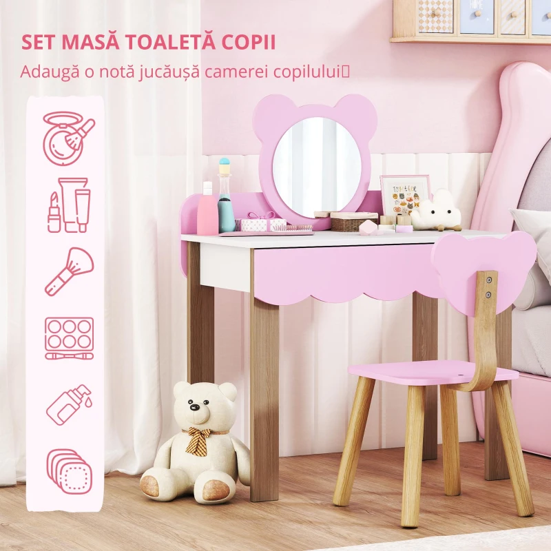 AIYAPLAY Set Masuta Cosmetica cu Scaunel pentru Copii, Oglinda de Machiaj, Forma Ursulet, Sertar, MDF, Roz