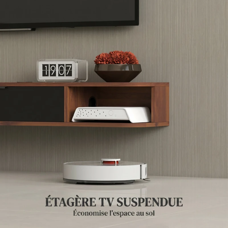 HOMCOM Meuble TV Suspendu, Meuble Télé pour Téléviseur jusqu'à 50 Pouces, Tiroir Rabattable, 2 Étagères, 120x24x16cm, Noyer