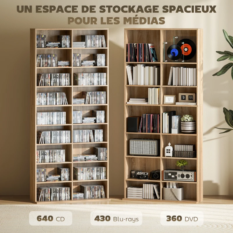 HOMCOM Rangements pour CD et DVD 18 compartiments capacité max. 640 CD/360 DVD 430 Blu-ray 78,5 x 24 x 175 cm bois naturel