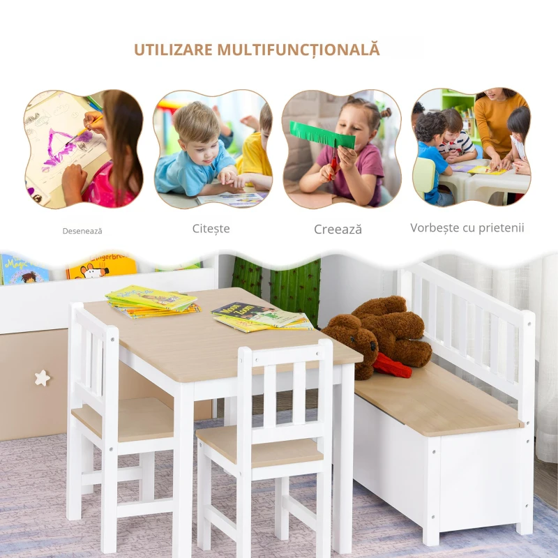 Homcom Set 4 Pezzi Tavolino con Sedie e Panca Portaoggetti per Bambini in Legno
