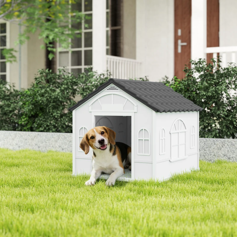 PawHut Niche pour Chien Extérieur pour Chiens Moyens et Grands, Maison pour Chien en PP Imperméable avec Toit en Pente, Porte Avant Ouverte et Ouverture d'Aération au-Dessus, 65 x 75,7 x 63 cm, Gris