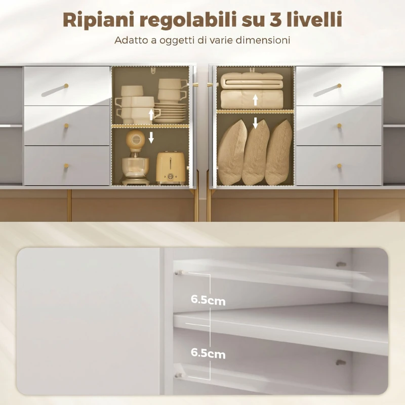 HOMCOM Credenza Moderna, Mobile Bar da Caffè con 3 Cassetti Silenziosi, 2 Ripiani Regolabili, 5 Gambe in Acciaio, Bianco