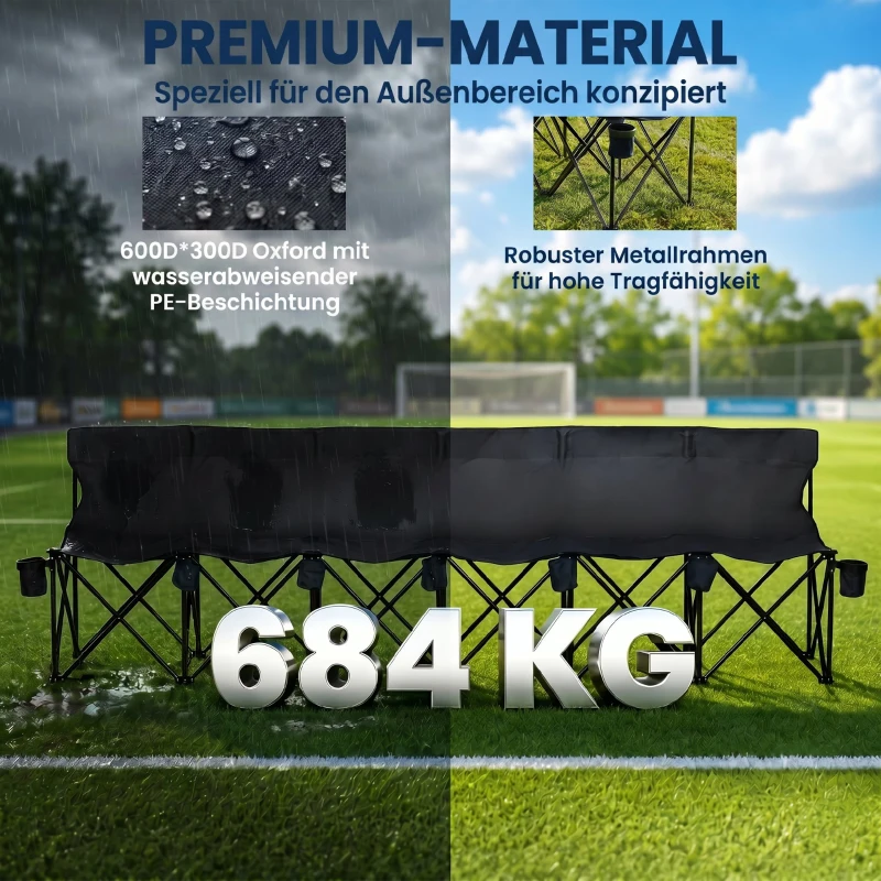 Outsunny® campingbank inklapbare bank 6-zits met draagtas tuinbank klapbank camping draagtas, Oxford + metaal, zwart / blauw, 279x48x80cm