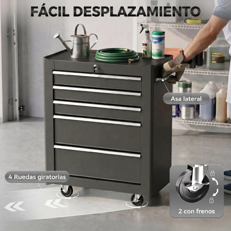 HOMCOM Carro de Herramientas para Taller con Ruedas 5 Cajones Armario con Cierre y Asa Lateral 61,5x33x82,5 cm Negro