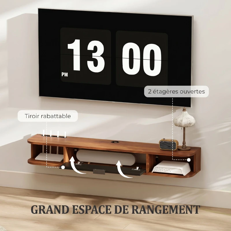 HOMCOM Meuble TV Suspendu, Meuble Télé pour Téléviseur jusqu'à 50 Pouces, Tiroir Rabattable, 2 Étagères, 120x24x16cm, Noyer
