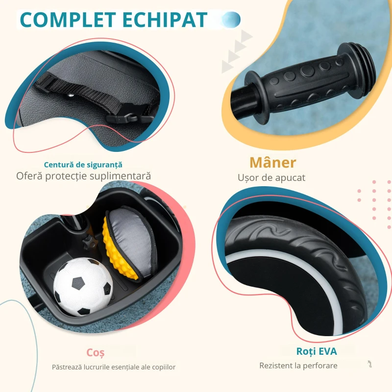 AIYAPLAY Tricicleta pentru copii evolutivă cu șezut reglabil pedale 2 coșuri centură pentru copii de la 2 la 5 ani negru