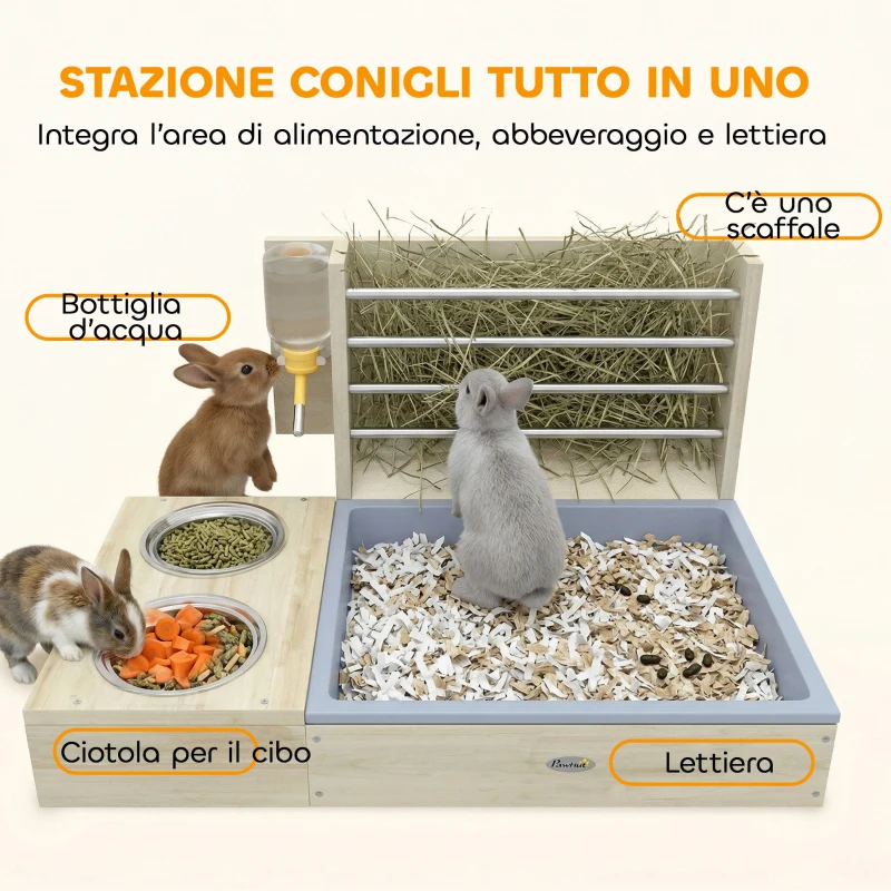 PawHut Mangiatoia per Conigli in Legno con Portafieno, Ciotola in Acciaio e Serbatoio Acqua, 58x40x32 cm, color Legno