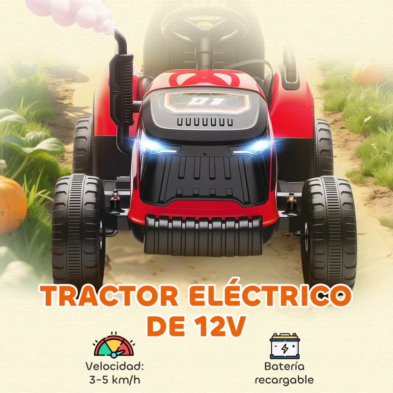 AIYAPLAY Tractor Eléctrico para Niños con Remolque Desmontable Batería 12V Velocidad 3-5 km/h, Control Remoto 2,4G Rojo