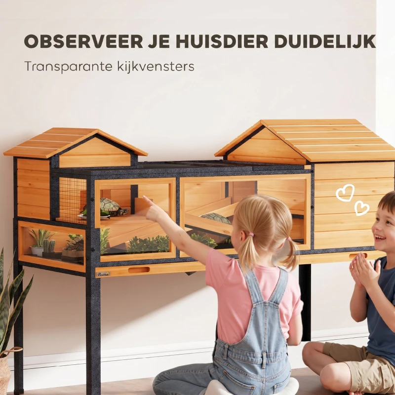 PawHut Schildpaddenverblijf, Kleindierenverblijf, 2 ruimtes, 2 verdiepingen, vensters, hellingen, accessoires, hout, staal, geel(m-5)