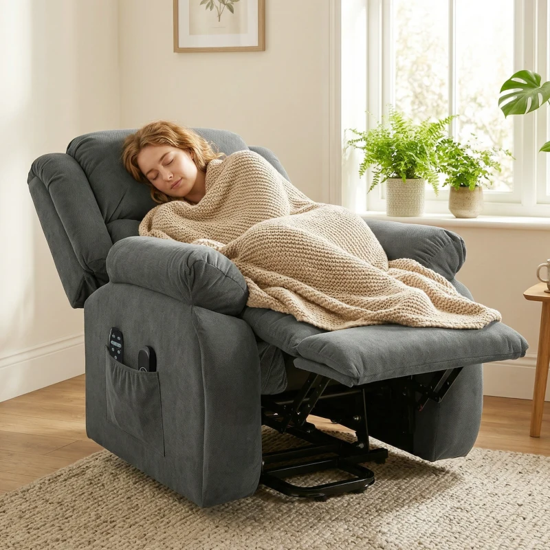 HOMCOM Relaxstoel met Massage- en Warmtefunctie, Elektrische Opsta-Stoel, Afstandsbediening, Zijvakken, Grijs