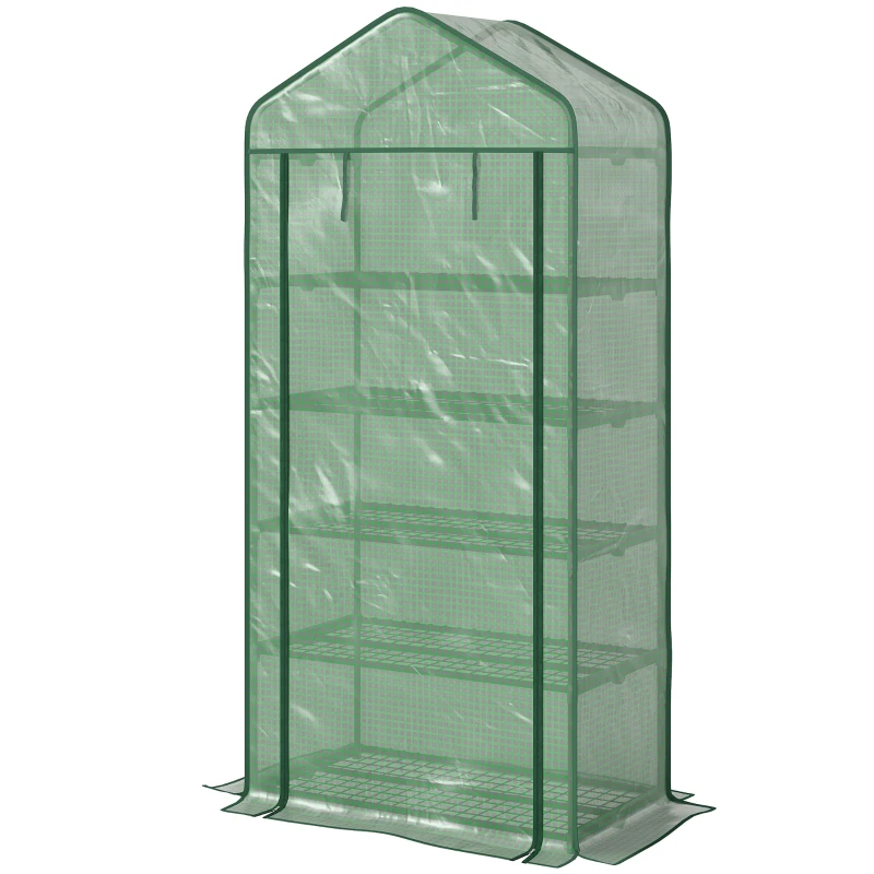 Outsunny 5 Tier Widened Mini Greenhouse with Reinforced PE Cover, Portable Indoor Outdoor Green House with Roll-up Door and Wire Shelves, 90 x 49 x 193cm, Green