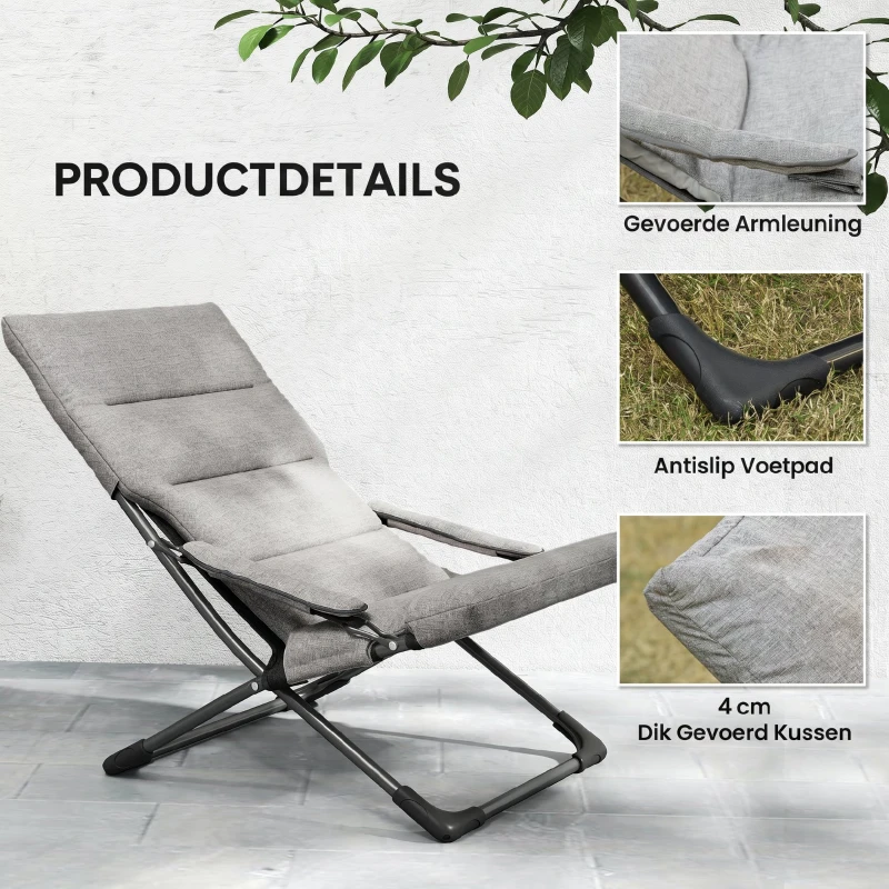 Outsunny klapstoel met verwijderbaar kussen tuinstoel campingstoel ligstoel zitmeubel tuin terras balkon textiel staal grijs 66 B x 94 D x 79 H cm