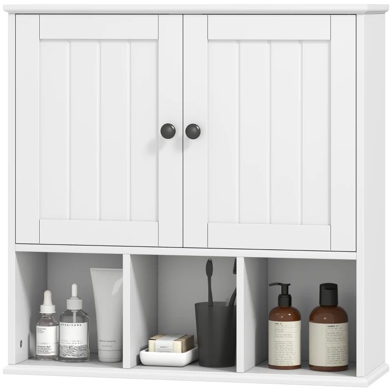 HOMCOM Armoire murale de salle de bain, meuble de rangement avec 2 portes, étagère réglable et compartiments ouverts, blanc