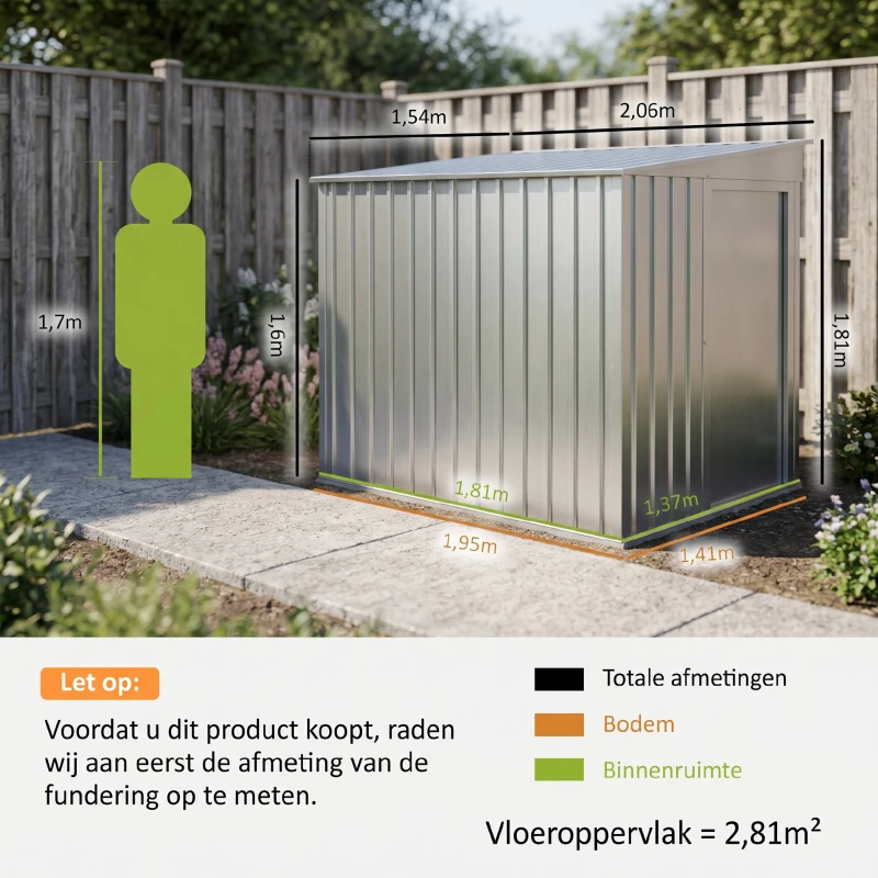 Outsunny Metalen tuinhuis 2,81m² 154x206,5x181 cm tuinschuur met schuin dak en fundering(m-3)