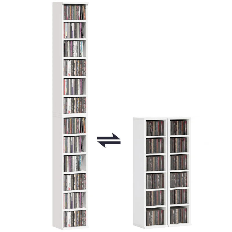 HOMCOM 204 CD-opbergrek in 2-delige set, Blu-ray torenkast met verstelbare planken, Boekenrek organizer, Wit