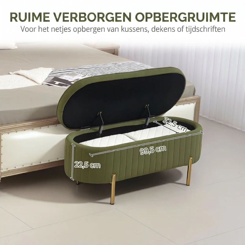 HOMCOM Opbergbank Ovaal met 72L Opbergruimte en Opklapbaar Deksel in Fluwelen stof en Hout, 108x44x43,5 cm, Donkergroen(m-6)