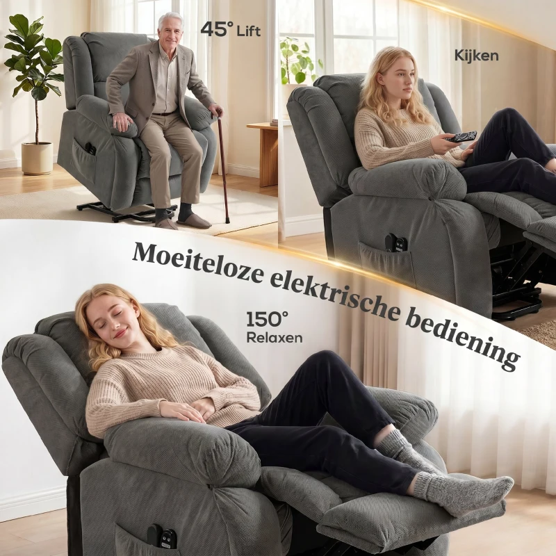 HOMCOM Relaxstoel met Massage- en Warmtefunctie, Elektrische Opsta-Stoel, Afstandsbediening, Zijvakken, Grijs