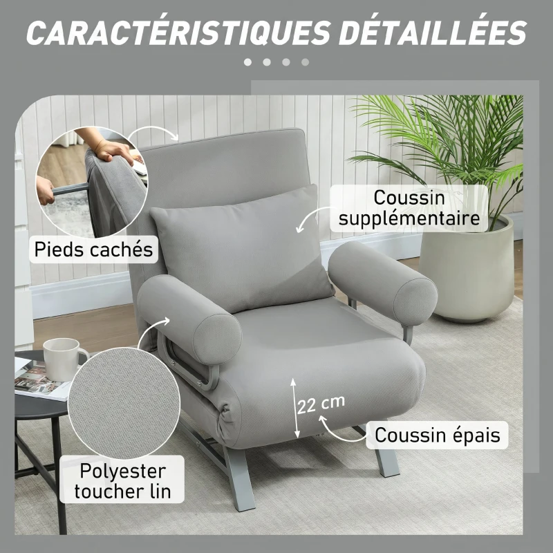 HOMCOM Fauteuil Convertible 1 Place, Fauteuil-Lit Pliable Rembourré en Lin avec Dossier Réglable, Oreiller, Gris Clair