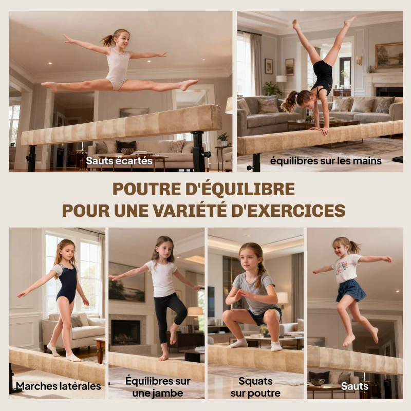 HOMCOM Poutre de Gymnastique 226 cm Antidérapant, Hauteurs Réglable, avec Roulettes, en Acier et Bois Massif, Marron