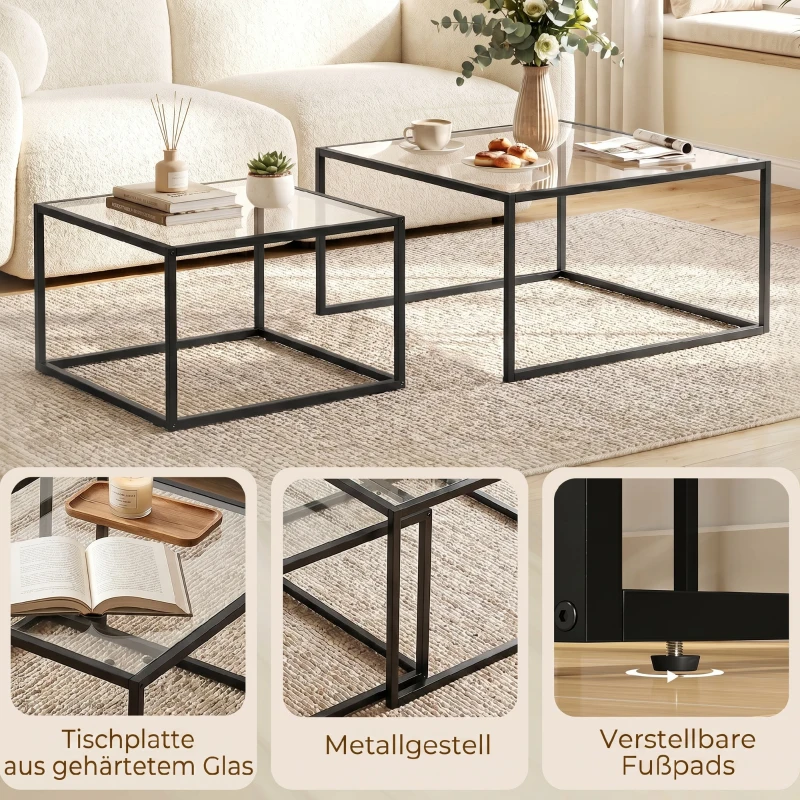 HOMCOM Couchtische 2er-Set Satztisch mit gehärteter Glasplatte und Metallrahmen, für Wohnzimmer Schwarz