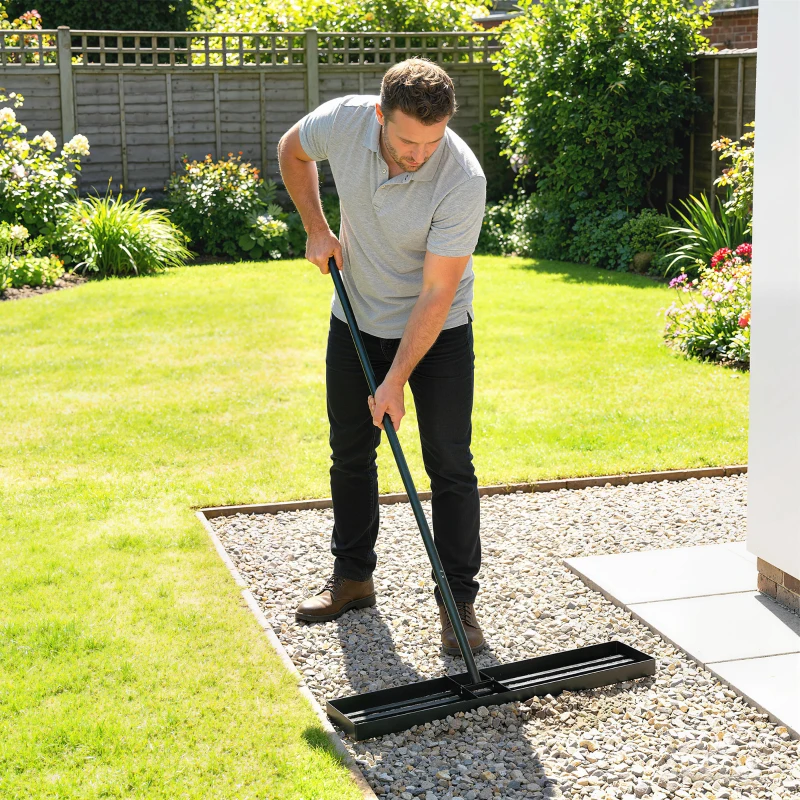 Outsunny Lawn Levelling Rake, 76 x 26 cm Lawn Leveller Lute with 169 cm Handle for Grass Soil Sand Yard Golf Course