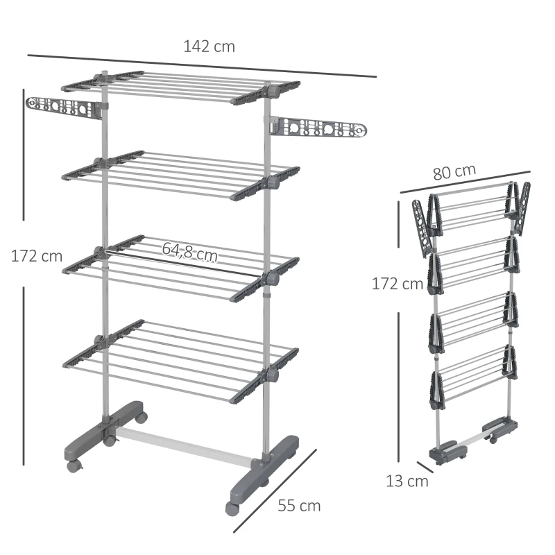 HOMCOM Opvouwbare Wasrek met 5 Niveaus, One-Klik-Systeem, 142 cm x 55 cm x 172 cm, Grijs + Zilver