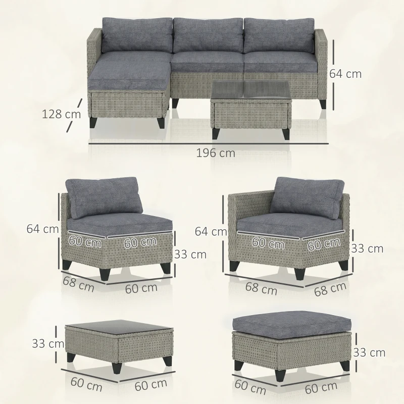 Outsunny 5-Piece Rattan Patio Furniture Set with Corner Sofa, Footstools, Coffee Table, for Poolside, Dark Grey