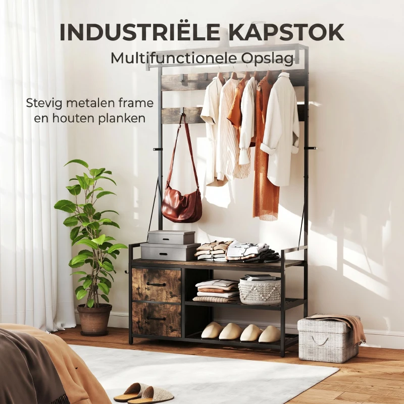 HOMCOM 6-in-1 Kapstok met Schoenenbank en Schoenenrek, Industrieel Ontwerp, 10 Haken, 2 Stoffen Laden, Metaal, Bruin(m-6)