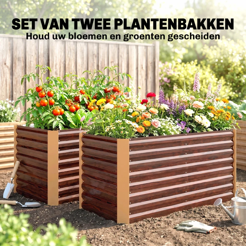 Outsunny Hoogbed set van 2, plantenbak, extra diep, metaal, 120 x 60 x 60 cm Bruin
