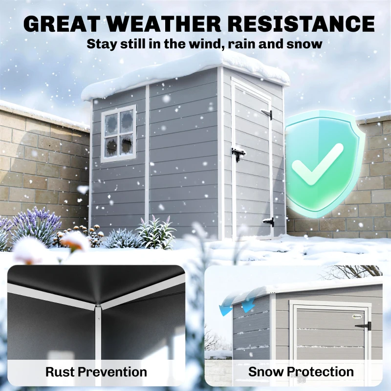 Outsunny 4 x 5FT Plastic Garden Shed with Floor, Lean to Shed, Lockable Tool Storage House with Window, Vent and Plastic Roof, Grey