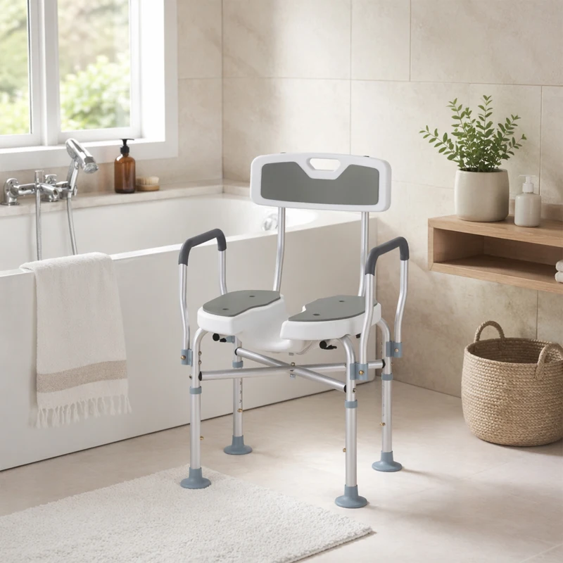 HOMCOM Shower Chair with Hygiene Cut-Out Seat and Reinforced Crossbars, Height Adjustable Padded Bath Chair with Non-slip Feet for Elderly Seniors Disabled Handicap, Tool-Free Assembly, Grey