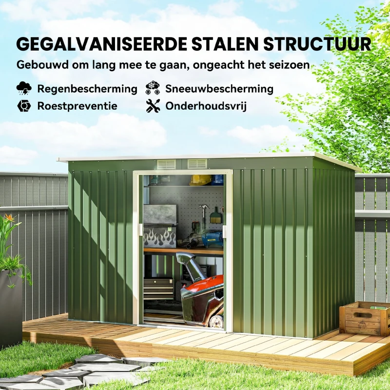 Outsunny Tuinhuis tuinhuisje met schuifdeur raam buiten staal lichtgroen