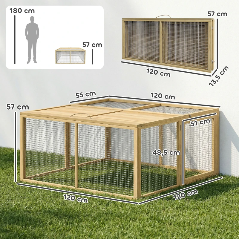 PawHut Kleindierenkooi, Konijnenstal met Opklapbaar Dak, Grenenhout, 120x120x57cm, Natuur(m-3)