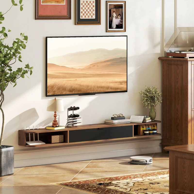 HOMCOM Corp TV suspendat, suport TV pentru televizoare până la 190,5 cm, sertar rabatabil, 2 rafturi, 180x24x16cm, Nuc