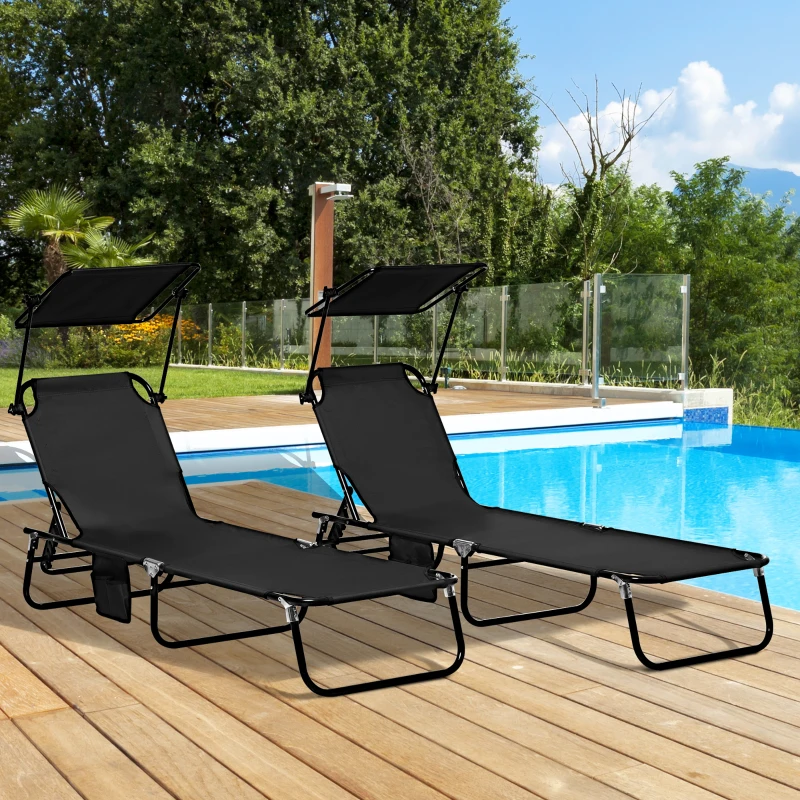 Outsunny Set of Two Folding Sun Loungers, with Adjustable Backs and Sun Canopies - Black