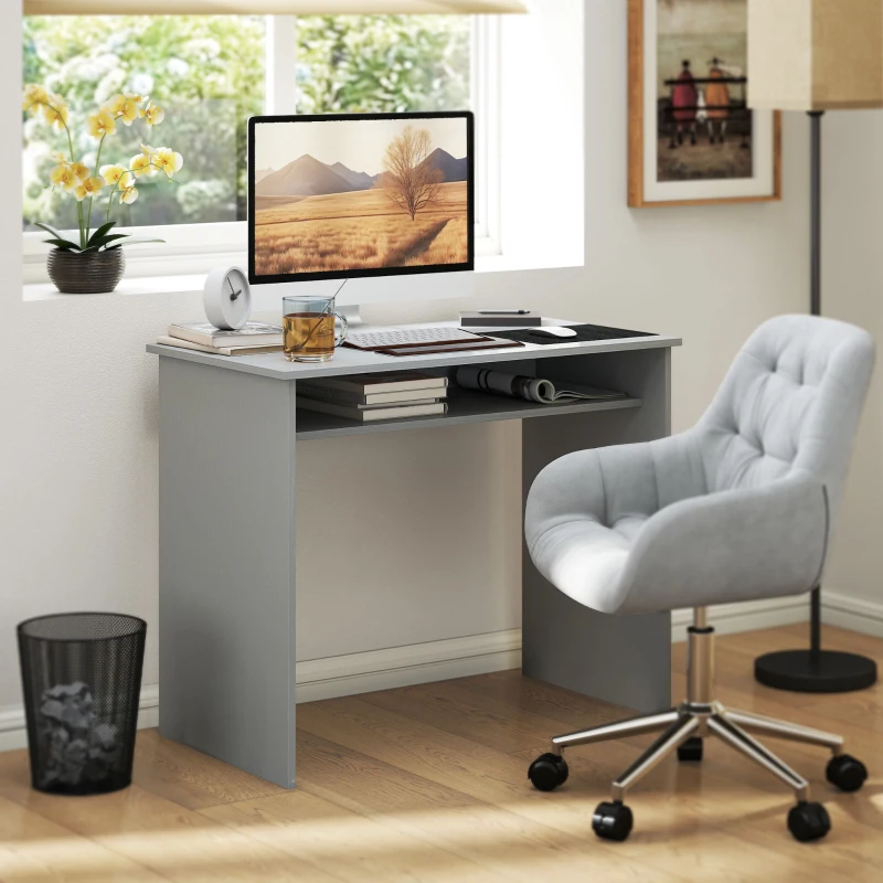 HOMCOM Bureau informatique sobre épuré compact avec 1 étagère, panneaux de particules, dim. 90l x 50P x 74H cm, gris