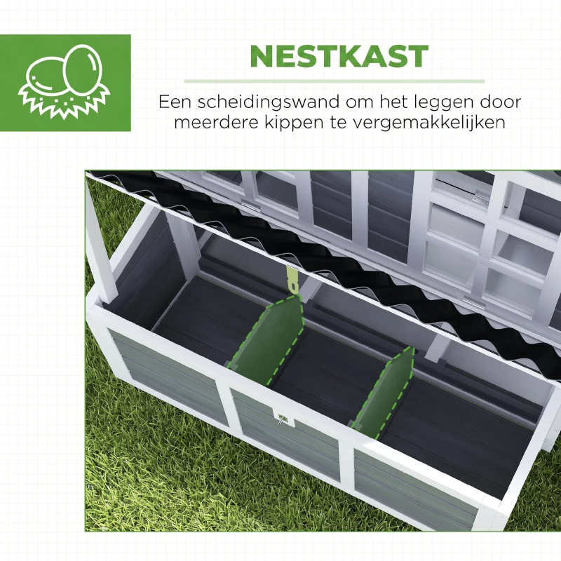 PawHut Kippenren met Legnest voor 2-4 Kippen, Waterdicht Dak, Sparrenhout, Kunststof, 100 x 86 x 100 cm, Lichtgrijs(m-5)