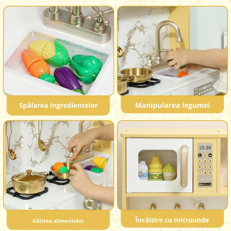 AIYAPLAY Bucătărie de jucărie din lemn cu sunet, cu accesorii din oțel inoxidabil, legume de tăiat, auriu