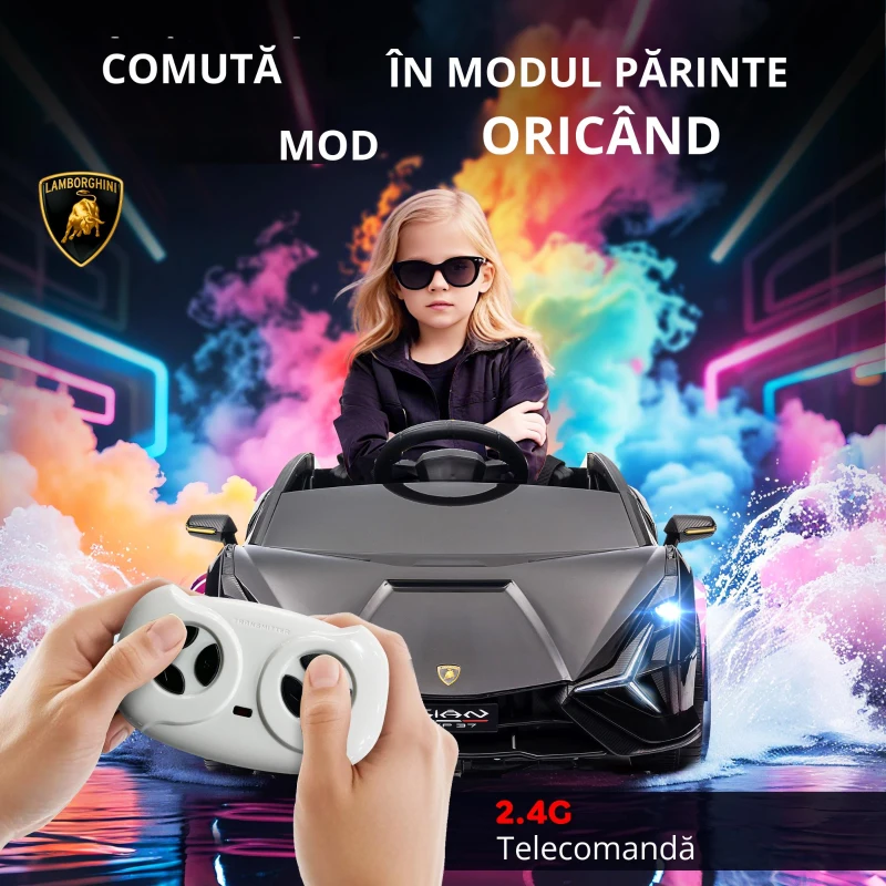 HOMCOM Mașină Electrică pentru Copii 3-5 Ani Lamborghini 12V cu Telecomandă și Viteză 3-5km/h, Negru