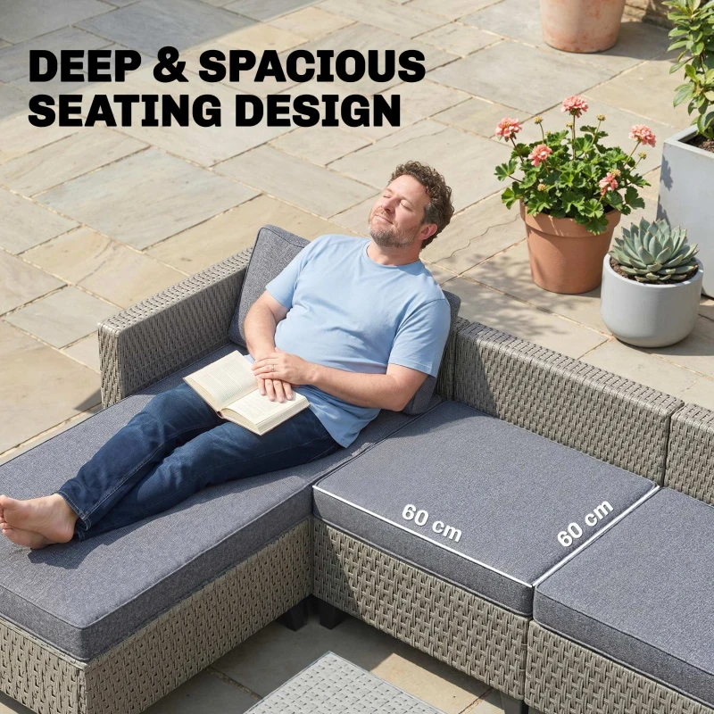 Outsunny 5-Piece Rattan Patio Furniture Set with Corner Sofa, Footstools, Coffee Table, for Poolside, Dark Grey