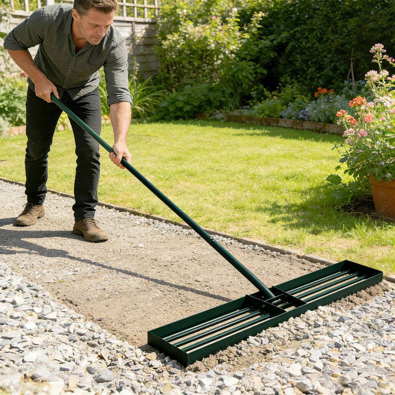 Outsunny Lawn Levelling Rake, 113 x 26 cm Lawn Leveller Lute with 169 cm Handle for Grass Soil Sand Yard Golf Course