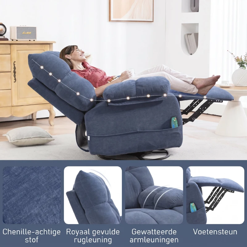 HOMCOM Massagestoel handbedienbare met Warmte- & Ligfunctie Draaibaar, tot 150 kg, Blauw(m-9)