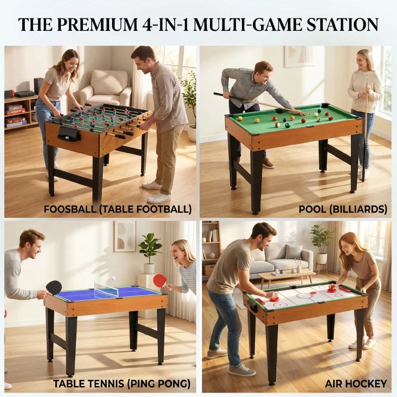 HOMCOM 4-in-1 Partyspieltisch inkl. Tischtennis, Kicker, Billard, Tischhockey, Metall, Holz, Natur+Schwarz