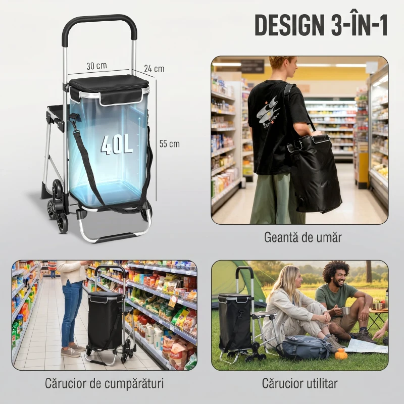 HOMCOM Cărucior de Cumpărături din Aluminiu cu Geantă de 40L Impermeabilă și Scaun, 46x59.5x97 cm, Negru și Argintiu